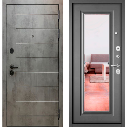 Железная входная дверь с зеркалом Мастино Масс-90 Бетон темный 9S-136/Бетон серый 9S-140