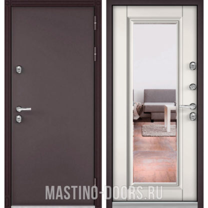 Железная дверь с зеркалом Мастино Термо-100 Букле шоколад/Дуб белый скандинавский 10T-140