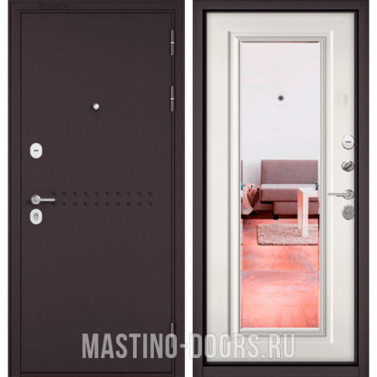 Железная дверь с зеркалом Мастино Mass-90 Букле шоколад R-4/Белый софт 9P-140