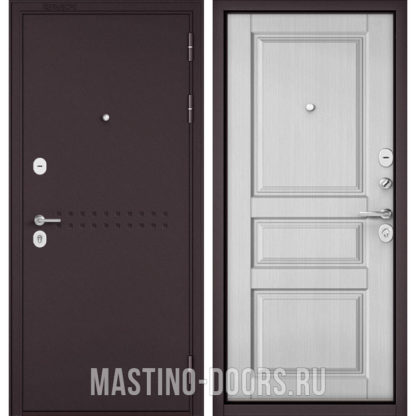 Светлая стальная дверь Мастино Mass-90 Букле шоколад R-4/Дуб белый матовый 9SD-2