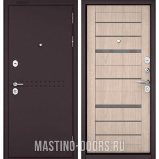 Входная дверь с серым стеклом Мастино Масс-90 Букле шоколад R-4/Ясень ривьера Айс CR-1