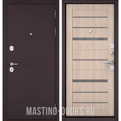 Входная дверь с серым стеклом Мастино Масс-90 Букле шоколад R-4/Ясень ривьера Айс CR-1