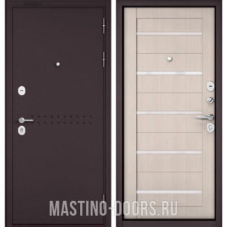 Стальная дверь с белым стеклом Мастино Mass-90 Букле шоколад R-4/Ларче Бьянко CR-3