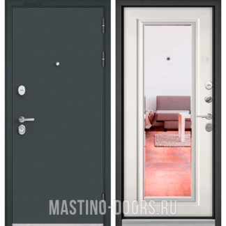 Железная дверь с зеркалом Мастино TRUST MASS Черный муар металлик/Белый софт 9P-140