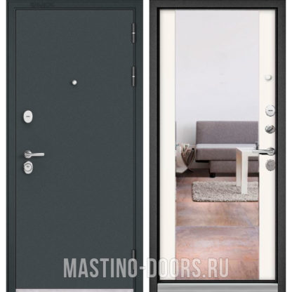 Входная дверь с зеркалом Мастино TRUST MASS Черный муар металлик/Белый софт 9S-164