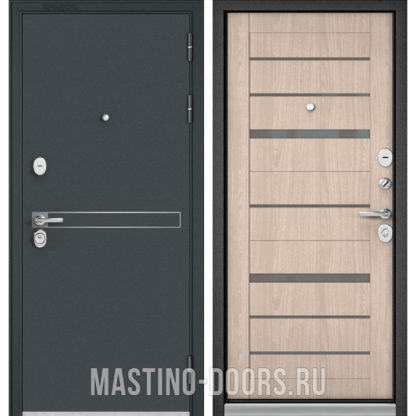 Стальная дверь с серым стеклом Мастино TRUST MASS Черный шелк D-4/Ясень ривьера Айс CR-1